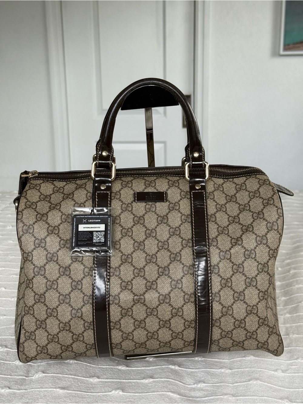 Gucci Beige & Dark Brown GG Canvas Satchel with Leather Trim